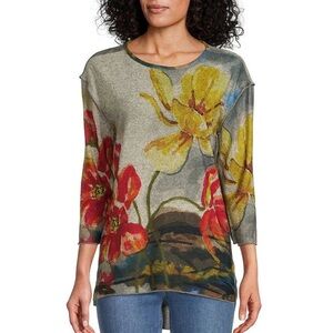 Multiples Floral Print Long Sleeve Top, 3/4 Sleeve, Petite Large
